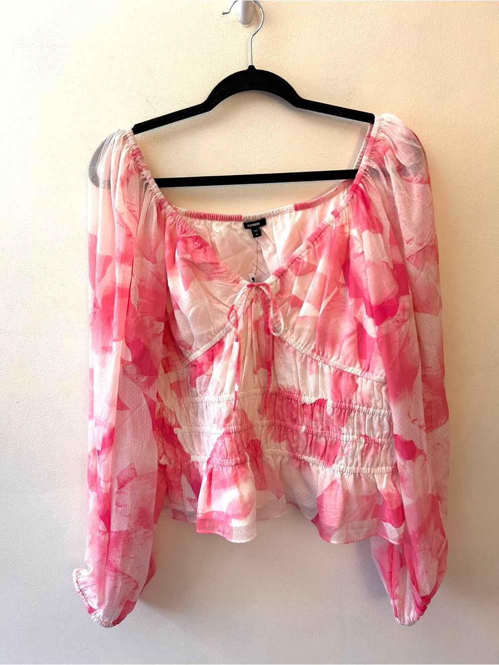 Express pink floral peplum smocked blouse size XL